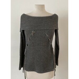 OhMG Sweater XS Grey Off Shoulder Lace Up Accent High Low Waffle Gray Juniors